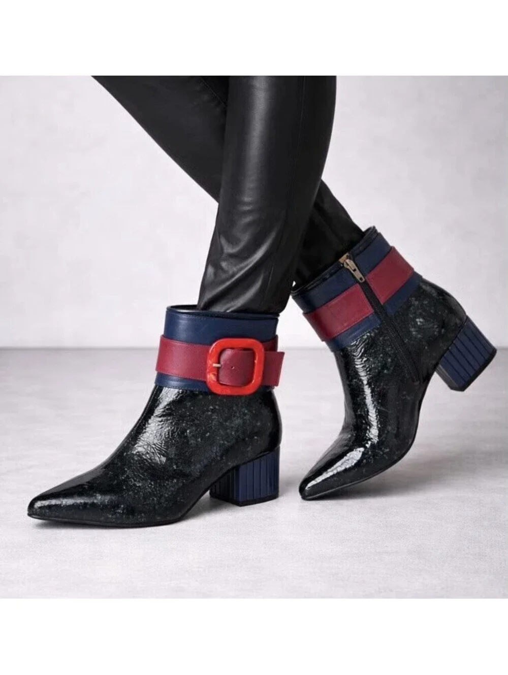 John Fluevog Effortless Miranda Boots Patent Leather Red Buckle Ankle 9.5